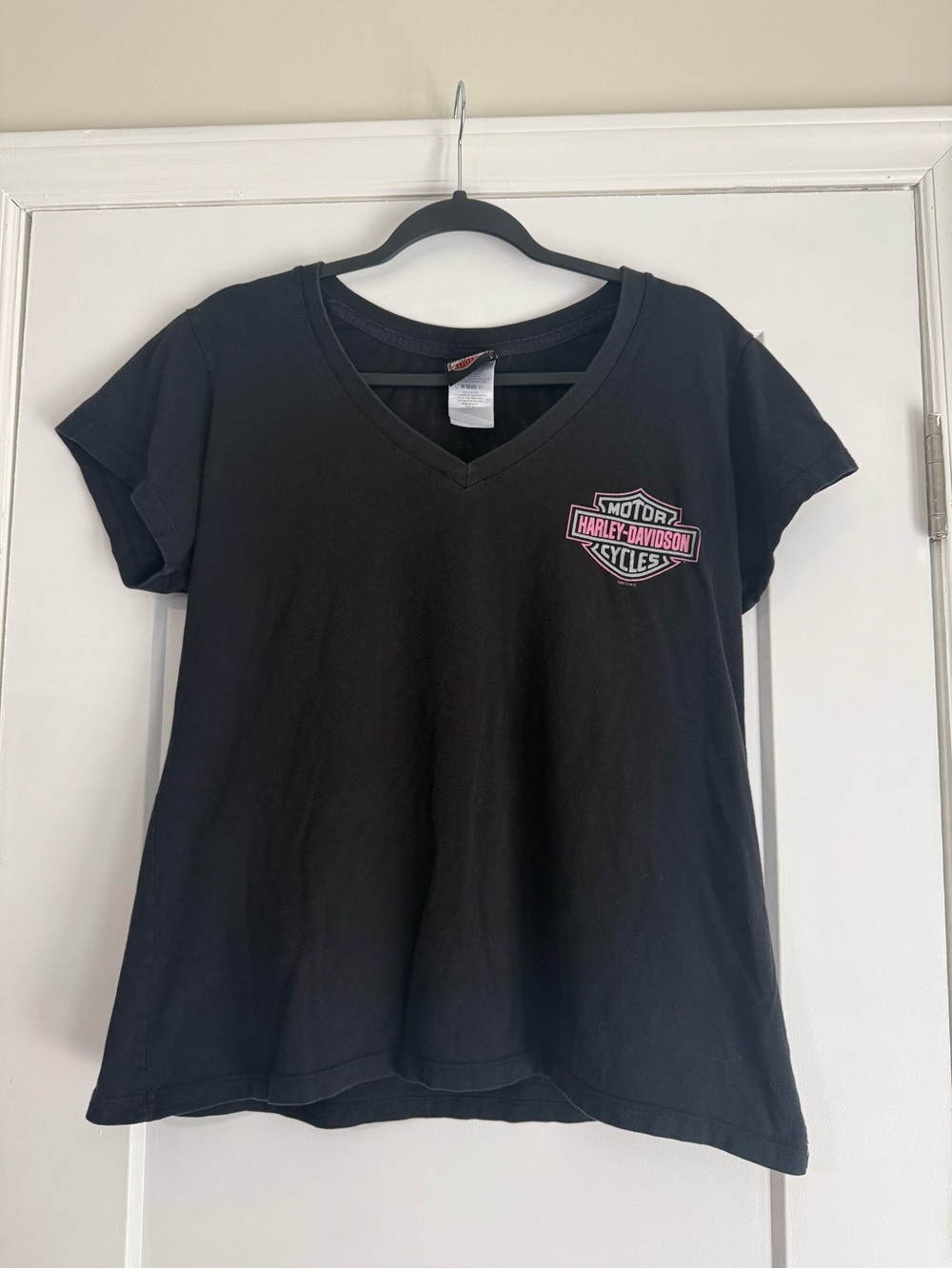 Harley-Davidson Black V-Neck Short Sleeve Tee with Pink Logo